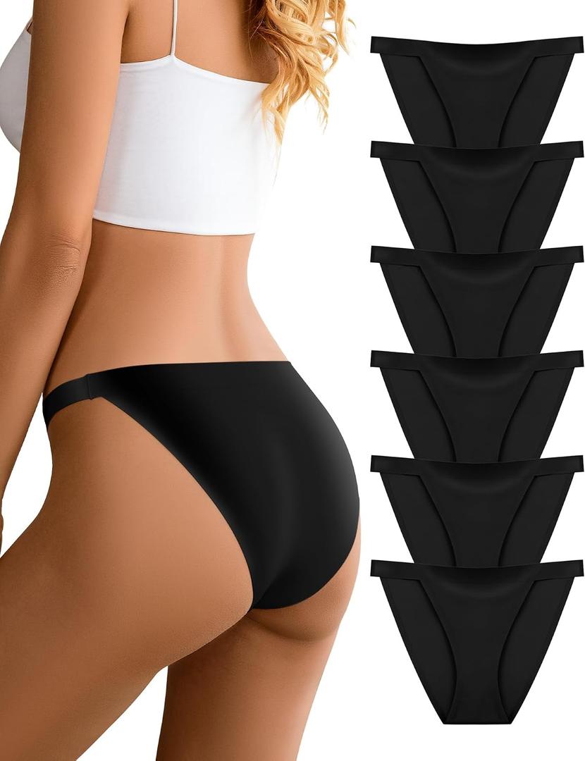 Women's Seamless Underwear High Cut String Bikini Panties Ladies No Show Low Rise Stretch Briefs 6 Pack Black (Black, L)