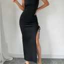 Verdusa Women's Y2k Maxi Dress High Slit Side Drawstring Knit Bodycon Dresses Black Small (Black)