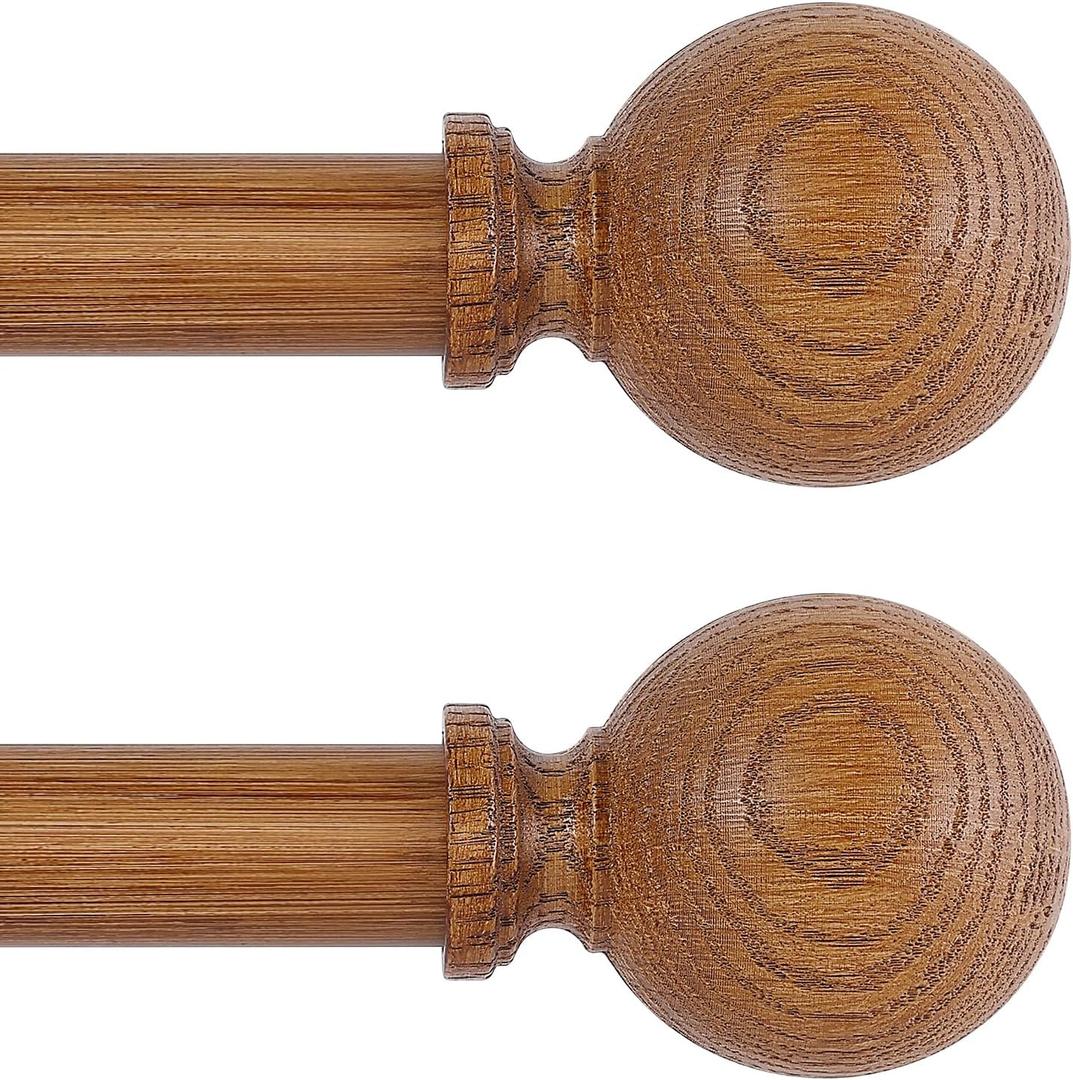 Wood Curtain Rods for Windows 2Pack:Wooden Boho Farmhouse Curtain Rod for Living Room/Kitchen/Bedroom,Heavy Duty Adjustable Rustic Decorative Drapery Rod with Imitation Wood Finial,Brown 66-120"