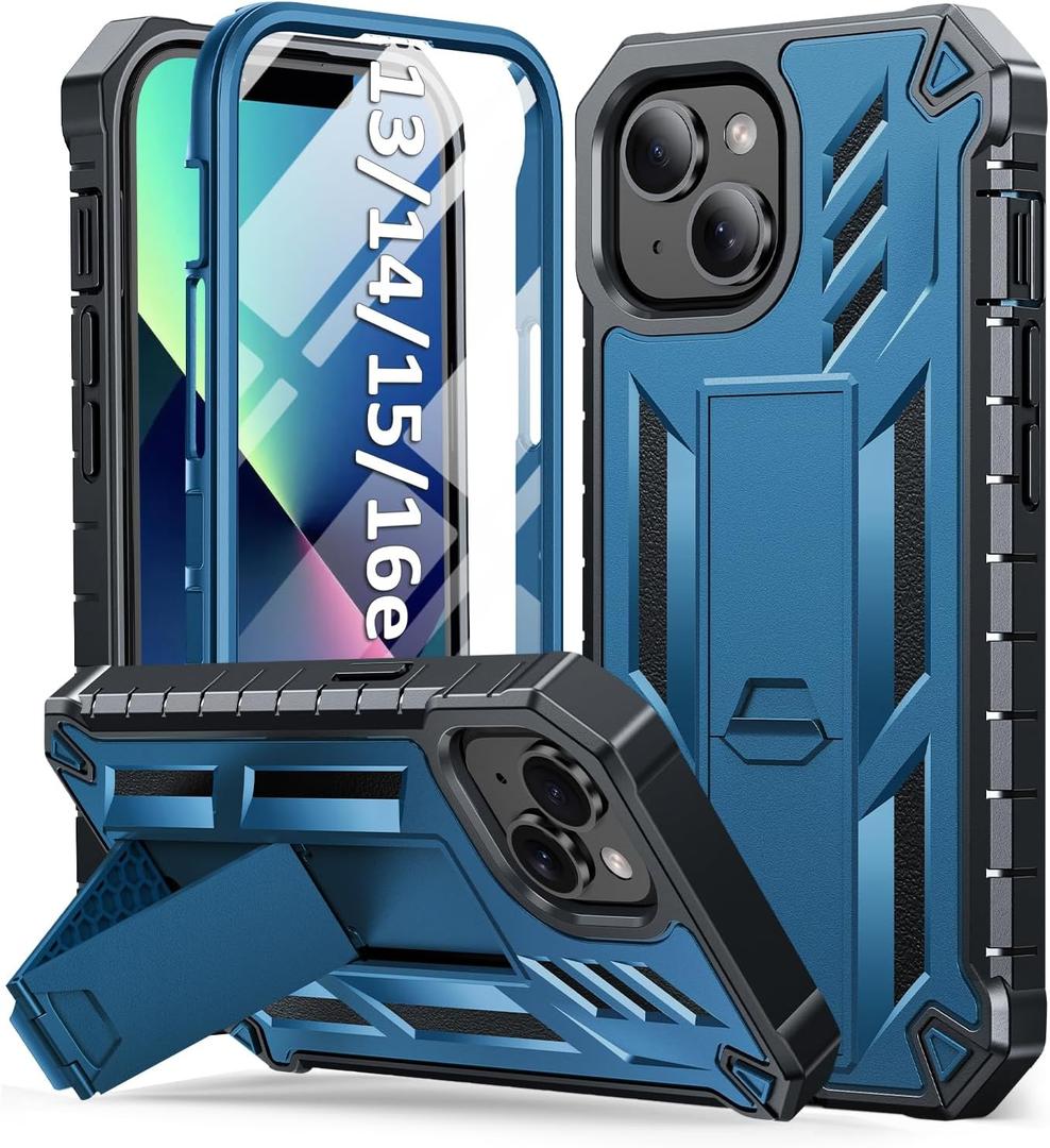 SOiOS for iPhone 13/14/15 Phone Case: for iPhone 16e Protective Cover with Built-in Kickstand | Heavy Duty Military Grade Hard Protection Shock Proof | Durable Dual-Layer Design Blue