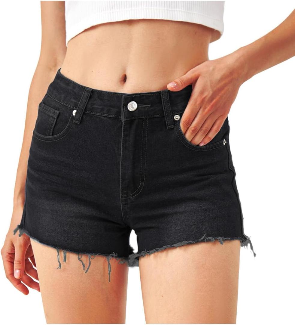 Liloak Womens Pack of Washed Denim Jean Shorts Mid Rise Casual Ripped Frayed Hem Summer Hot Shorts Pack (Black, S)