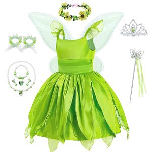 Kid Halloween Fairy Costume Set with Wings, Green Dress Floral Forest Suit, Girls Fantasy Dress Up 100