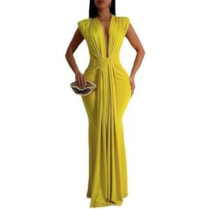 Yuopeid Women's Sexy Sleeveless Deep V Neck Fashion Ruched Bodycon Floor Length Formal Evening Party Maxi Long Dress, Yellow, Small