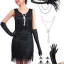 RRYIO 1920s Flapper Dresses for Women,Lace V Neck Great Gatsby Dresses Fringed Roaring 20s (Black, S)