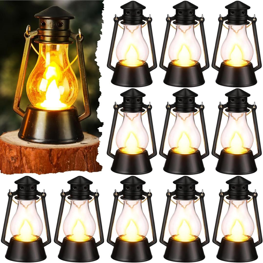 Ferraycle 12 Pcs Mini Lantern for Centerpiece Western Wedding Decor 4 Inch Camping Decorative with LED Candle Vintage Hanging Lantern Ornaments Bulk for Cowboy Cowgirl Xmas Party Decoration (Black)