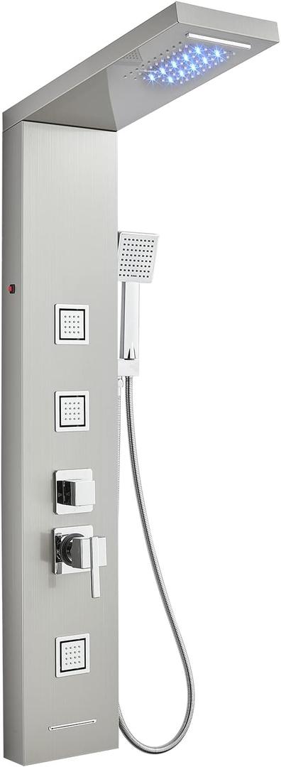Shower Panel Tower System with LED Lights, 5 In 1 Shower Panel with Rainfall and Waterfall Shower Head, 3 pcs Massage Spray, Handheld Shower, Waterfall Tub Spout