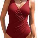 AI'MAGE Women One Piece Swimsuit 2025 Tummy Control Ruched Bathing Suit Slimming Push Up Swimwear (Medium, Wine Red)
