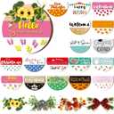 Vicenpal 22 Pcs Interchangeable Welcome Sign for Front Door with 17 Magnetic Icon Wooden Seasonal Front Porch Door Decor with 4 Seasonal Wreath for Holiday Halloween Christmas Gift(Black,Cute)