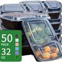 30oz Meal Prep Containers Bulk 50-Pack - 2-Compartment with Lids, Leakproof, Microwave/Freezer/Dishwasher Safe - Commercial Food Storage, Black