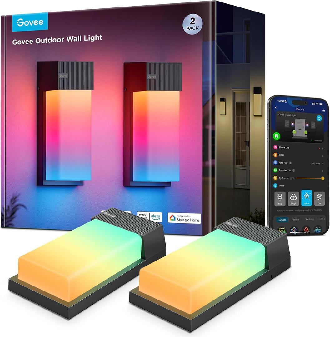 Govee Outdoor Wall Light, 2 Pack, 1500LM Smart RGBIC Porch Lights Outdoor with 45 Scene Modes, IP65 Waterproof for Outdoor Decor, Patio, DIY Wall Sconce Works with Alexa, Google Assistant and Matter