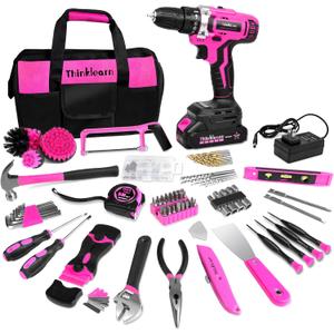 ThinkLearn Tool Kit with 20V Cordless Drill(265in-lbs), Pink Drill Set for Women, Lady's Home Tool Kit for DIY, Daily Repair Tool Set as a Creative Gift with a Large-Capacity Tool Storage Bag