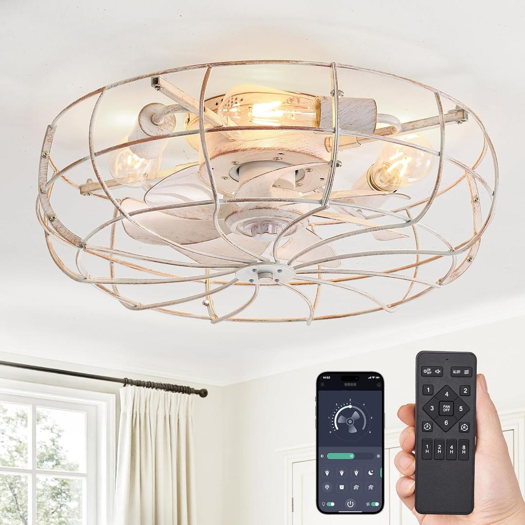 LEDIARY 20" Caged Ceiling Fans with Lights, White Flush Mount Low Profile Ceiling Fan with Remote, Small Modern Farmhouse Industrial Ceiling Fan with Light for Bedroom, Kitchen, Dining Room, Indoor