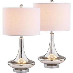 JONATHAN Y 25.5" Mercury Silver Glass Teardrop Table Lamp Set of 2 for Bedroom, Modern Bedside Lamps for Living Room, White Linen Drum Shade, LED Bulbs Included JYL1081A-SET2