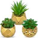 Briful Artificial Succulents Plants in Ceramic Pots, 3 Pack Faux Succulent Set with Gold Geometric Planters – Modern Desk Decor for Home Office Shelf Bathroom, Small Fake Plants Potted