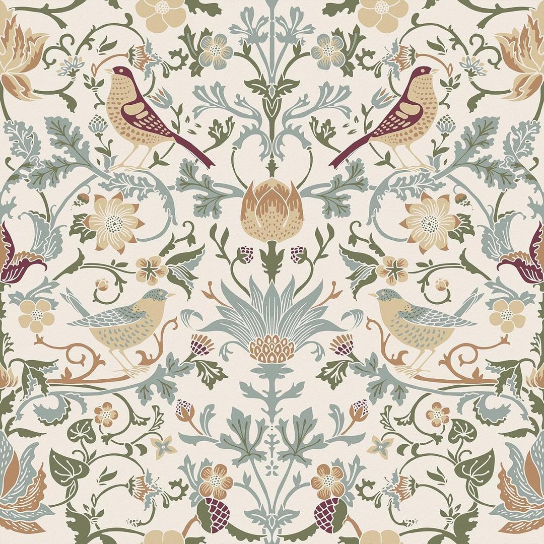 Beige Vintage Birds Berries Floral Peel and Stick Wallpaper for Bathroom Bedroom Retro William Morris Wallpaper Removable Flower Contact Paper for Cabinets and Drawers Mural Vinyl 17.5"X118"