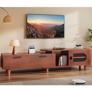 YITAHOME Mid Century Modern TV Stands with 2 Drawers, Adjustable to Corner TV Cabinet, Extendable Entertainment Center, TV Consoles for Living Room, Retractable to 64 Inches (Red Brown Walnut)