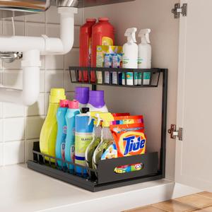 Palama Under Sink Organizer, Pull Out Cabinet Storage 2 Tier Slide Out Sink Shelf, Height Adjustable, Kitchen & Bathroom Organizers and Storage, Black, 1 Pack
