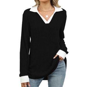 BAISHENGGT Women's Contrast Collared Shirts Casual Long Sleeve Ribbed Fall Tops Lightweight Tunic Sweaters (Large, Black)