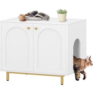 Hzuaneri Cat Litter Box Enclosure, Hidden Litter Box Furniture Cabinet, Wooden Indoor Cat House, Side End Table, Living Room, Bedroom, White and Gold CB85003G