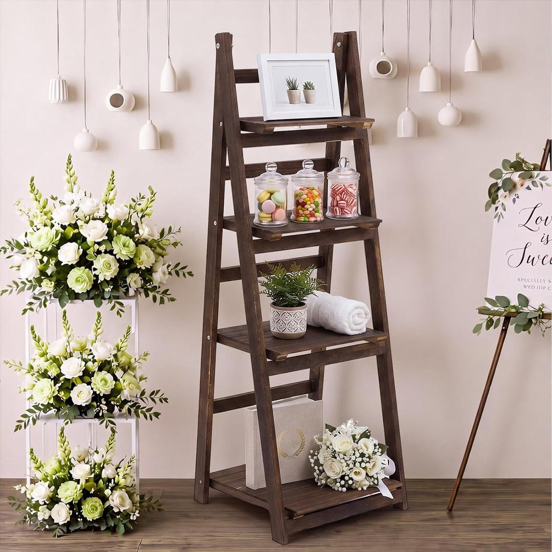 Wooden 4-tier Foldable Ladder Shelf, Dark Walnut Wedding Treat Gift Stand, 45.5 x 16 x 13.5 Inch