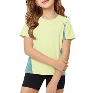 ZDC Kids Girls Athletic T Shirts Color Block Crewneck Gym Yoga Tees Casual Cute Basic Tees, Beige Cream, Size 130