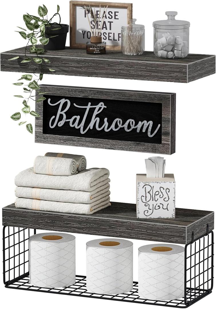 QEEIG Bathroom Shelves Over Toilet - Paper Storage Wall Mounted Farmhouse Decor Decorations Aesthetic Dcor Sign Small Floating Shelf 2+1 Set 16 inch, Grey (020GY)