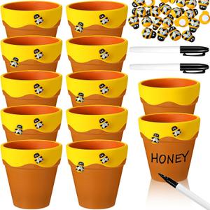 Leinuosen 12 Pcs Honey Bee Pot, 3 Inch Honey Jars for Cupcake, Planter, Bee Themed Party Favors for Baby Shower 1st Birthday Party Supplies and Wedding Gifts (Yellow and Brown)