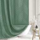 Siiluminisoy Extra Long Green Boho Shower Curtain, 72 x 84 Tufted Leaves Textured Striped Modern Farmhouse Minimalist Cloth Shower Curtain for Bathroom
