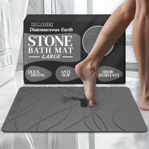 DECOLURE Stone Bath Mat Large, Quick Dry & Non-Slip Diatomaceous Earth Shower Mat for Bathroom, Luxurious & Easy to Clean Diatomite Stone Mat for Bathroom, Kitchen, High Density (Large, Grey)