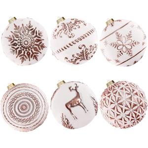 Lanpn 6 Pcs 6" Large Christmas Balls Ornaments, Outdoor Xmas Tree Hanging Decorations, Shatterproof Christmas Ball Ornament Set for Winter Holiday Home, Assorted Relief Pattern, White & Rose Gold