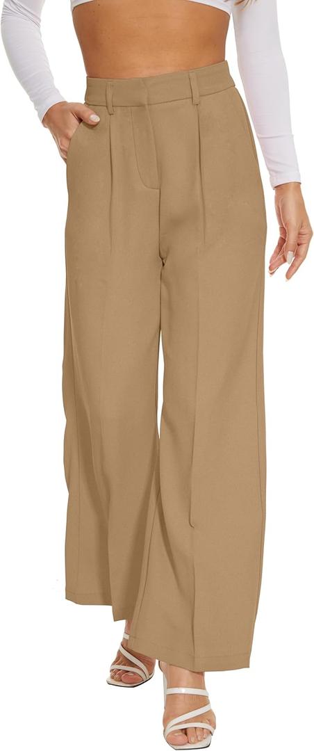 FUNYYZO Women Wide Leg Dress Pants High Elastic Waisted 2026 Slacks Business Work Trousers Long Straight (Large, Khaki)