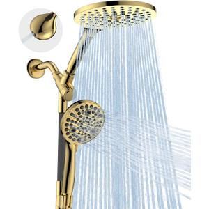 Dual Handheld Shower Head Combo, 2-in-1 Rain Shower Heads System 8 Inch Rainfall Shower Head and 10 Modes High Pressure Hand Held Showerhead with Built-in Power Wash (Gold)