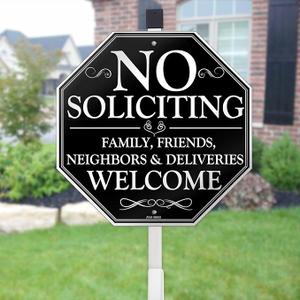 No Soliciting Sign for House, 10" x 28" No Solicitors Sign with Stake  Home Yard Decor, Metal Aluminum, Easy Install (No Soliciting, Friends Welcome)