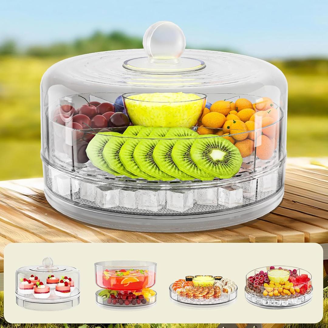 Compact Multifunc Chilled Serving Tray with Clear Rotating Lid,9 Inch Fruit Platter Tray for Parties and Small Cake Stand with Ice Storage Four Compartment Platter for Veggie Sushi Snacks Cupcakes