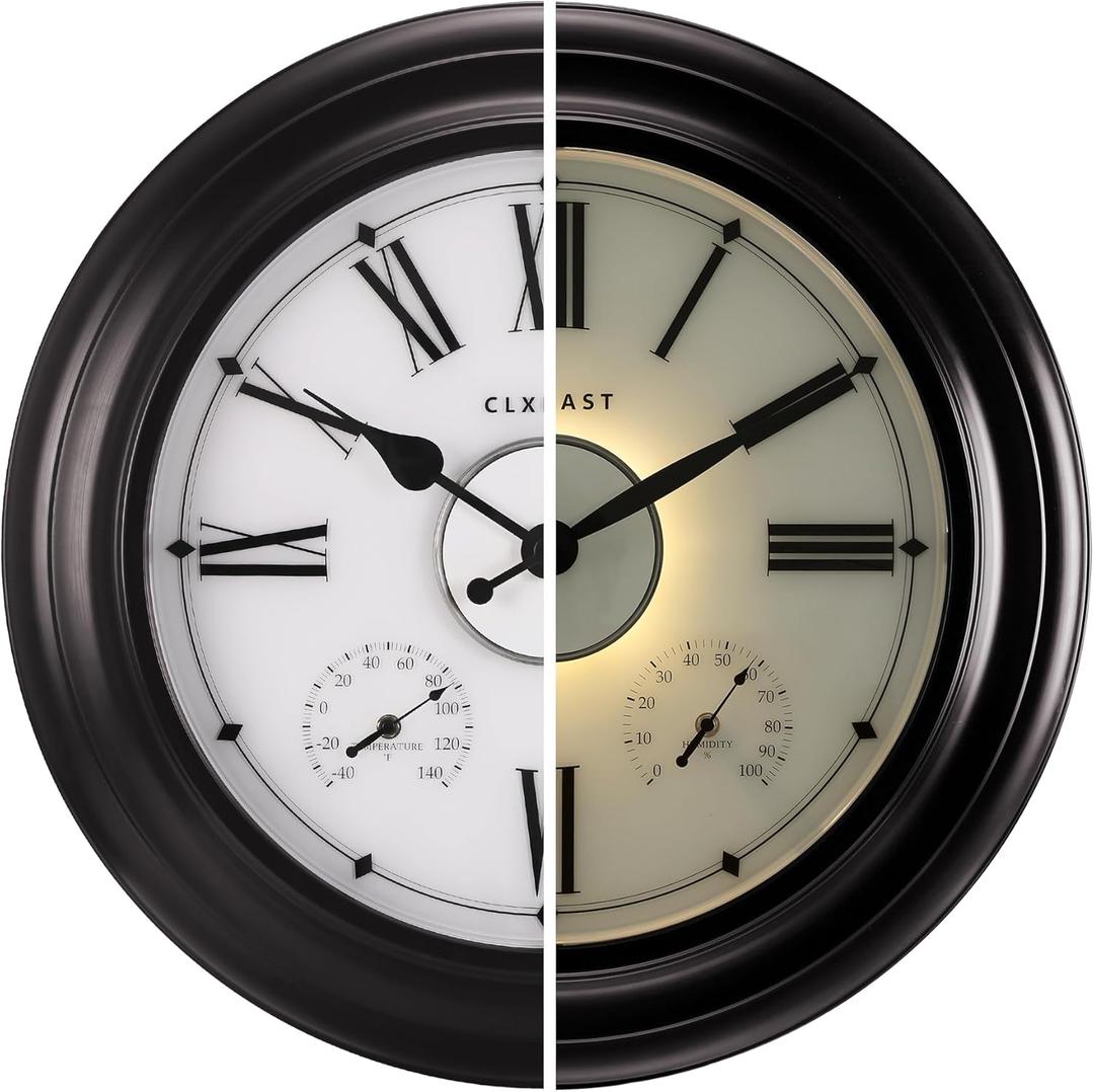 CLXEAST Illuminated Outdoor Indoor Metal Clocks Waterproof 24 inch, Oil Rubbed Bronze Black,Oversized Large Outdoor Roman Numeral Wall Clock with Thermometer & Hygrometer (24" Oil Rubbed Bronze Black& Roman Numerals)