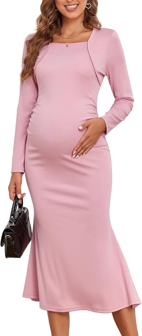 2025 Fall Maternity Dress Faux Two-Piece Long Sleeve Square Neck Mermaid Bodycon Pregnancy Dresses Casual Baby Shower (Pink, XL)