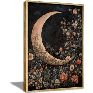 Framed Vintage Floral and Moon Wall Art Dark Academia Botanical Flower Picture Wall Decor Gothic Mystical Celestial Painting Canvas Prints Moody Crescent CottageCore Artwork for Living Room Bedroom, 24"L x 16"W