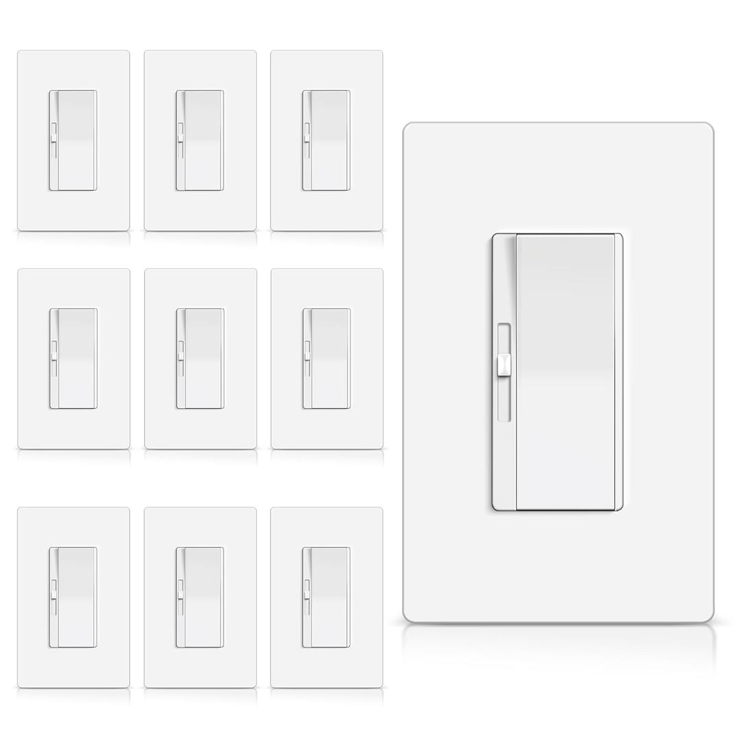 BESTTEN 10 Pack 0-10V LED Dimmer Light Switch, Super Slim Low Voltage Dimmable Switch for Dimmable LED Lights, Single-Pole or 3-Way, Screwless Wallplate Included, White