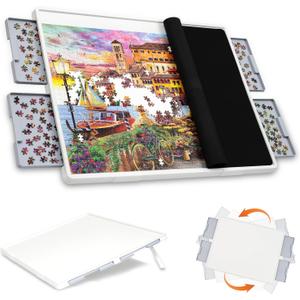 WELGEE 1500 Pieces 2-in-1 Tilting & Rotating Puzzle Board with Drawers and Cover, 35"x27" Portable Spinning Plastic Jigsaw Puzzle Table for Adults, Upgraded Lazy Susan