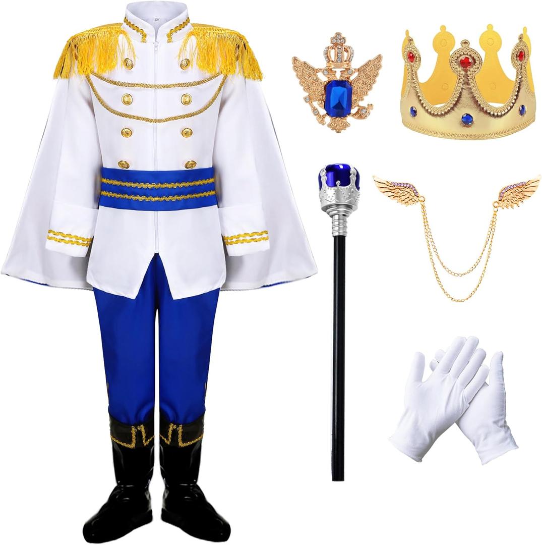 Boys Prince Charming Costume Cosplay Dress-Up Medieval Royal King Outfits for Kids (5-6 Years, Blue)