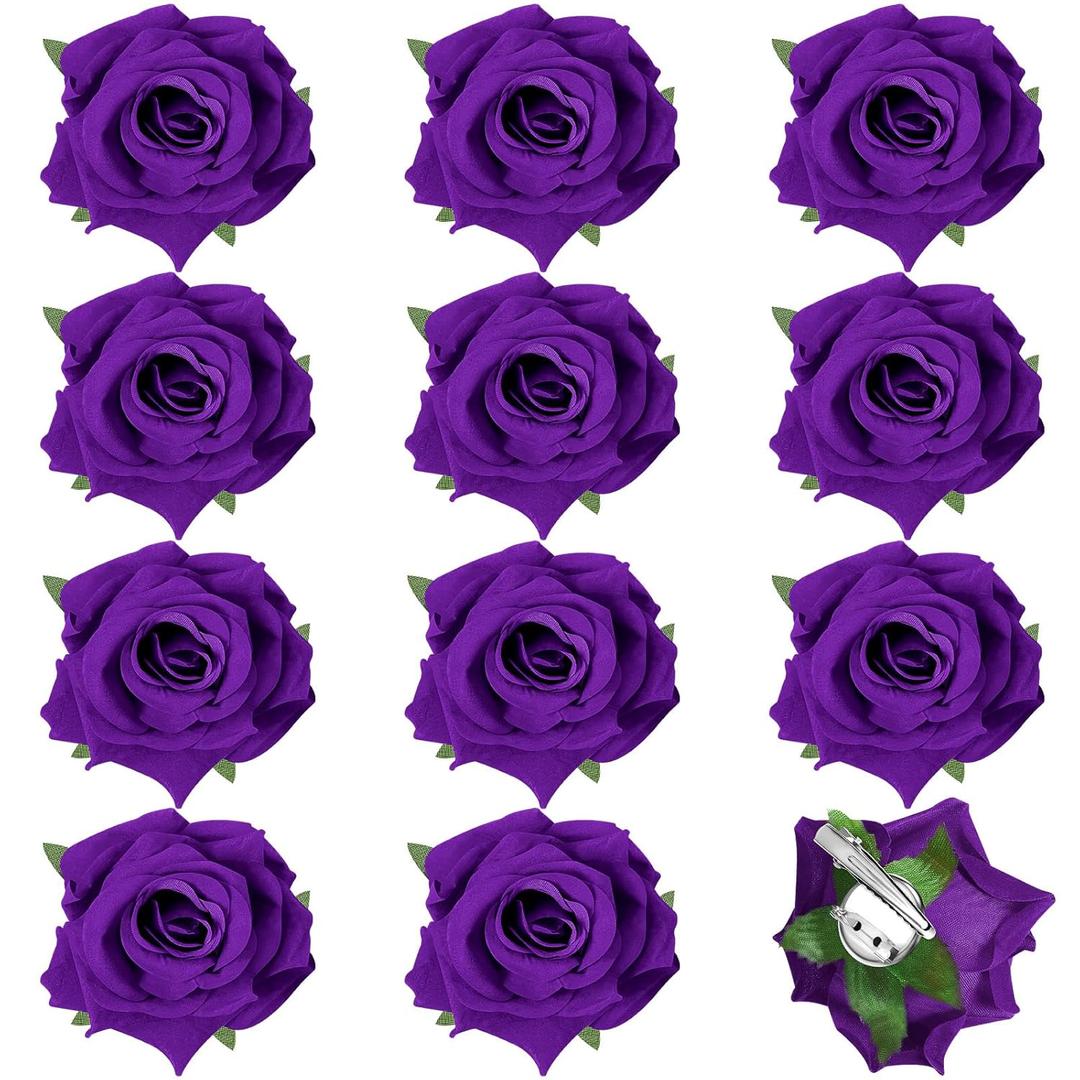12 Pack Rose Hair Clip Flower 2.8'' Hairpin Floral Brooch Floral Hairclips Mexican Flowers Hairpin Party Supplies for Women Rose Hair Accessories Wedding Pack(Dark Purple)
