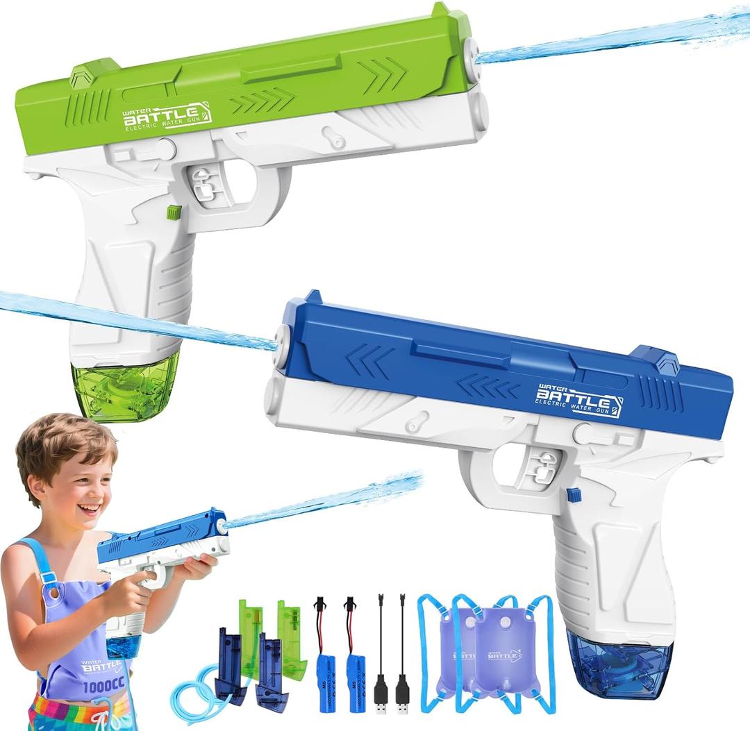 Electric Water Gun, 2 Pack Water Guns for Adults Kids, 1000CC Capacity Water Pistol, 33FT Range Rechargeable Automatic Squirt Guns, Perfect Pool Toys for Beach Backyard Outdoor Fun Boys Girls Gifts
