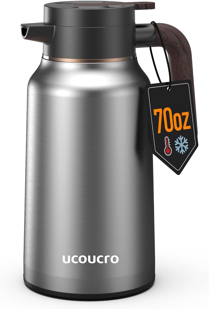 70 oz/2L Thermal Coffee Carafe - 18/8 Stainless Steel Carafes for Hot Liquids-Insulated Coffee Dispenser For Keeping Beverage Hot/Cold Coffee, Tea, Water, Drink Dispenser for Parties,Office,Home (Brushed Nickel)