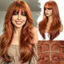 Long Ginger Wig with Bangs for Women,4x4 Realistic Scalp,Free Parting Wig,26 Inch Orange Wavy Layered Wigs Realistic Synthetic Heat Resistant for Daily Party Cosplay Party Use