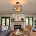 3-Light Hand Woven Boho Ceiling Light, Farmhouse Industrial Dual Round Semi Flush Mount Chandelier, Black Gold Rattan Pendant Light for Dining Room Kitchen Bedroom Living Room Foyer Coastal, Black Gold