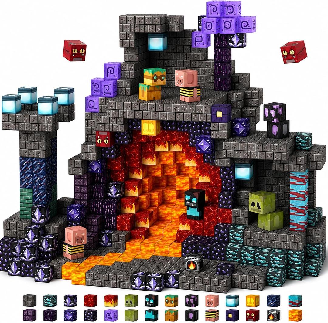 100 Pcs 0.8 Inch Magnetic Blocks – Magnet Toys for Kids, Magnetic Block Cubes, Stackable Learning Magnets, School STEM Playsets and Birthday Gifts for Boys and Girls Ages 3+ (Theme:Cave)