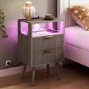 JOONEE Nightstand with Charging Station and LED Lights,Modern Bedside Table with 2 Storage Drawer and Open Wood Shelf, for Bedroom and Small Spaces,Night Stand with Solid Wood Legs,GreyOak
