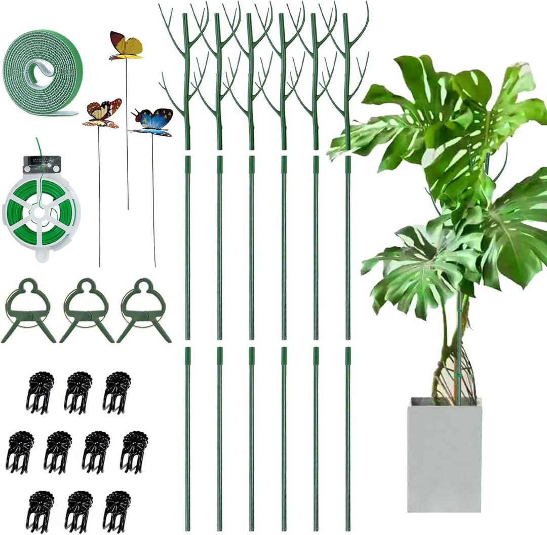6 Pack Plant Support Plant Stakes for Indoor and Outdoor Plants, 44.8 Plant Sticks with Plant Clips Twist Tiers and Plant Tiers for House Potted Plants, Monstera Plant Support for Climbing Plants