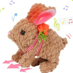 Hopearl Hopping Rabbit with LED Ears Carrot Backpack Interactive Plush Bunny Toy with Sounds Animated Walking Wiggle Light up Ears Twitch Nose Gift for Toddlers, Brown, 7''