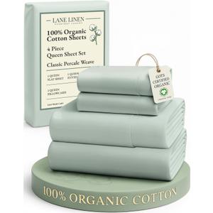 LANE LINEN 100% Organic Cotton Queen Sheets, Fully Elasticized Soft & Comfy Classic Percale Weave, Low Pill Fade Resistant Machine Washable Sheet & Pillowcase Sets, 15" Deep Pocket- Cool Blue
